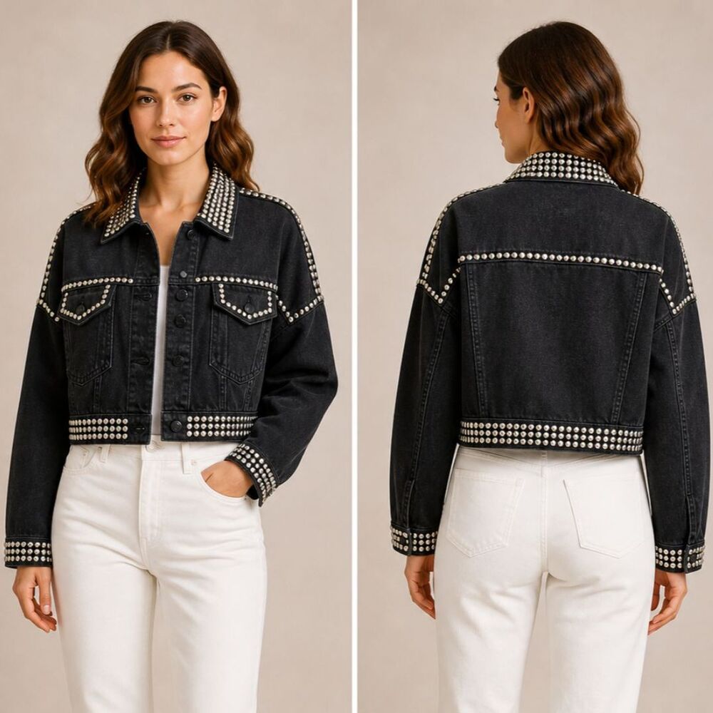 Forever 21 Women’s Sz M Black Cropped Denim Jacket Studded Western Rock Glam